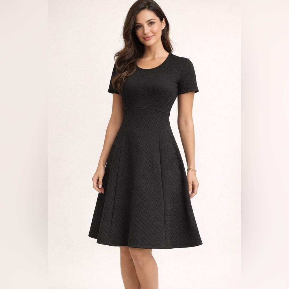 Textured Quilted Fit & Flare Dress Womens Sz L Black Midi Minimalist USA Made